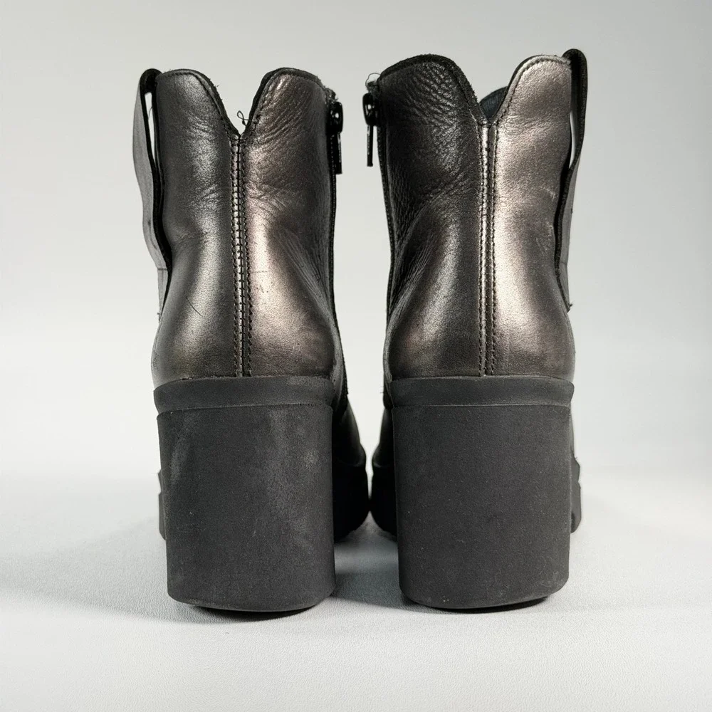 Fly London Tetly Platform Ankle Boots Womens 38 Pewter Metallic Leather Wedge